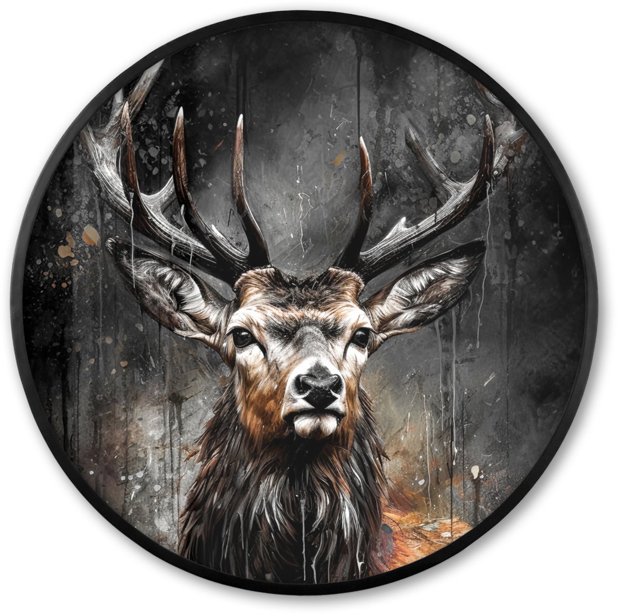 FrameYourWall Poster in lijst Rond - Fotolijst 80x80 cm - Posters - Hert - Zwart - Dier - Hertenkop - Ronde posterlijst zwart - Decoratie - Wanddecoratie woonkamer - Muurdecoratie slaapkamer