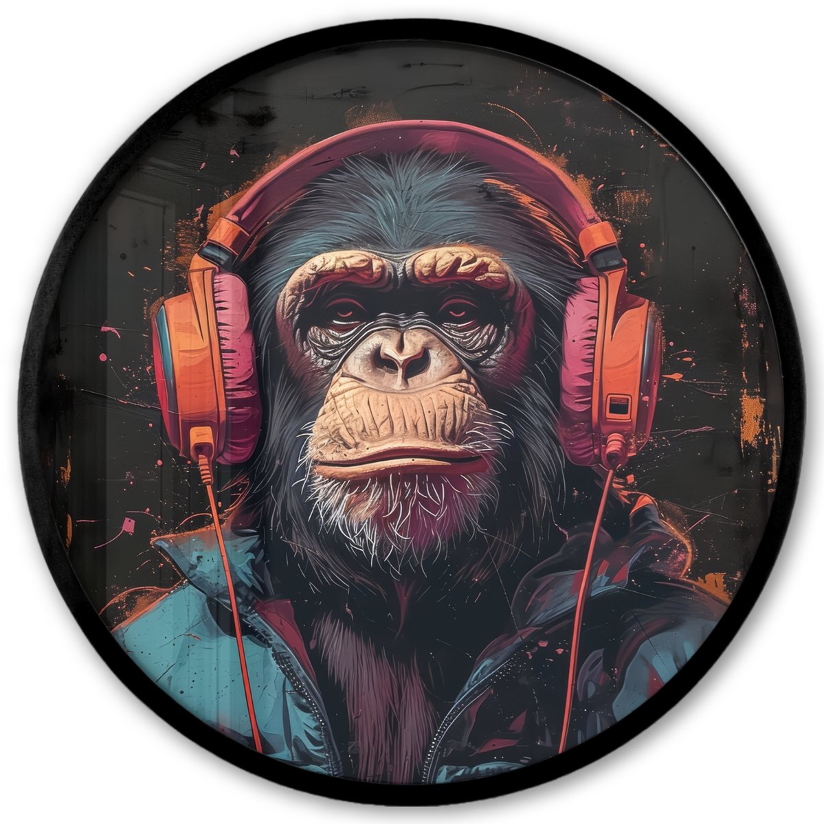 FrameYourWall Poster in lijst Rond - Fotolijst 40x40 cm - Posters - Graffiti - Chimpansee - Koptelefoon - Aap - Ronde posterlijst zwart - Decoratie - Wanddecoratie woonkamer - Muurdecoratie slaapkamer