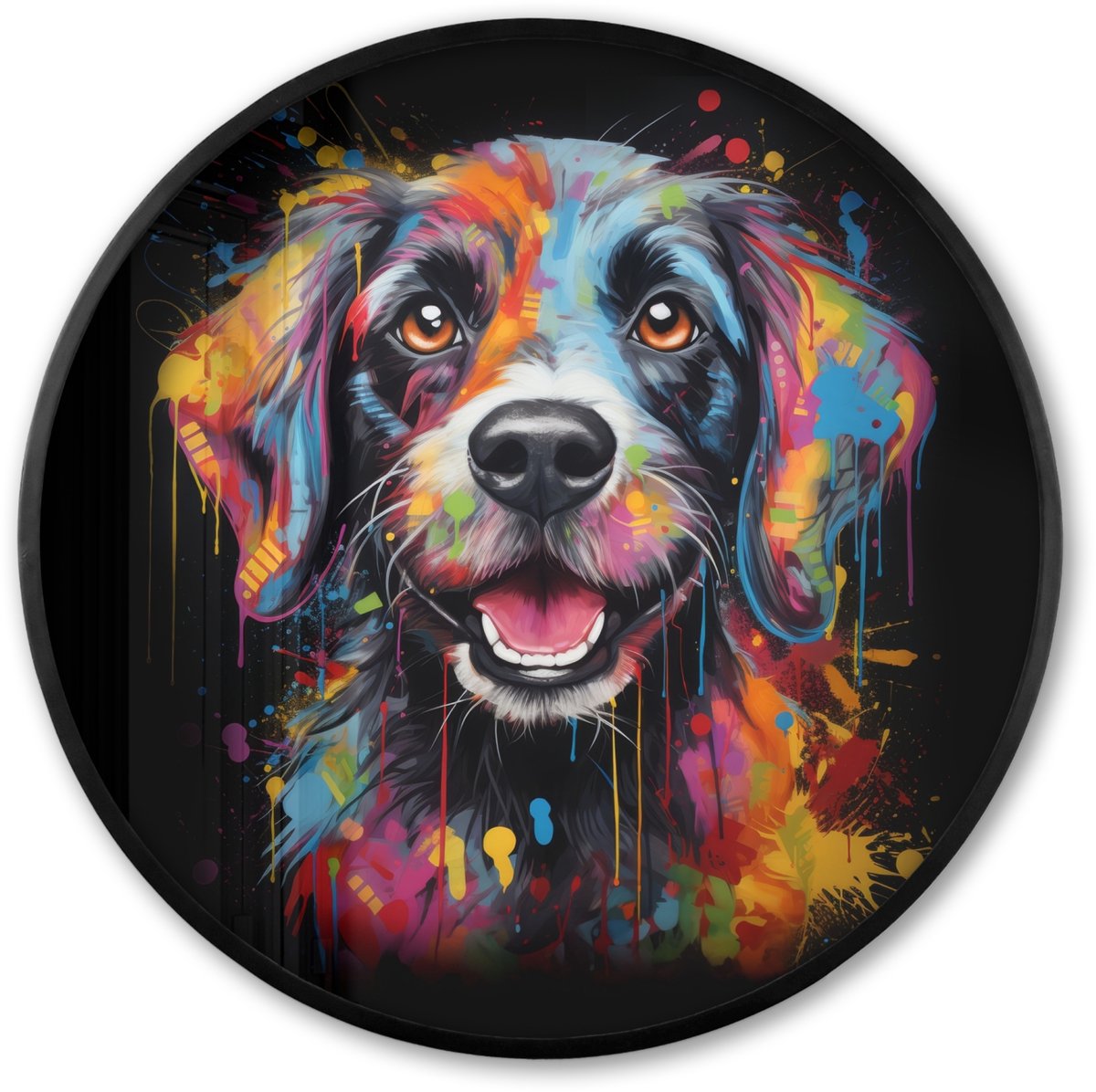 FrameYourWall Poster in lijst Rond - Fotolijst 60x60 cm - Posters - Graffiti - Hond - Zwart - Kleuren - Ronde posterlijst zwart - Decoratie - Wanddecoratie woonkamer - Muurdecoratie slaapkamer Multi
