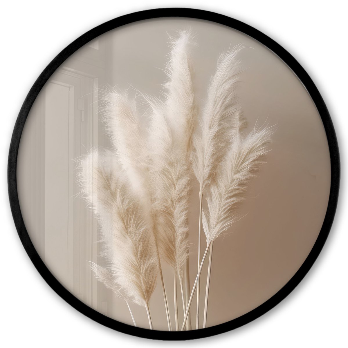 FrameYourWall Poster in lijst Rond - Fotolijst 40x40 cm - Posters - Pampasgras - Pluimen - Pastel - Wit - Ronde posterlijst zwart - Decoratie - Wanddecoratie woonkamer - Muurdecoratie slaapkamer Pampas pluimen