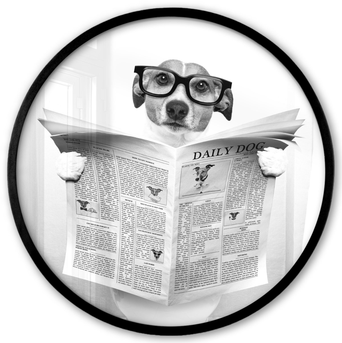 FrameYourWall Poster in lijst Rond - Fotolijst 40x40 cm - Posters - Hond - Krant - Toilet - Zwart wit - Dieren - Ronde posterlijst zwart - Decoratie - Wanddecoratie woonkamer - Muurdecoratie slaapkamer Hond - WC