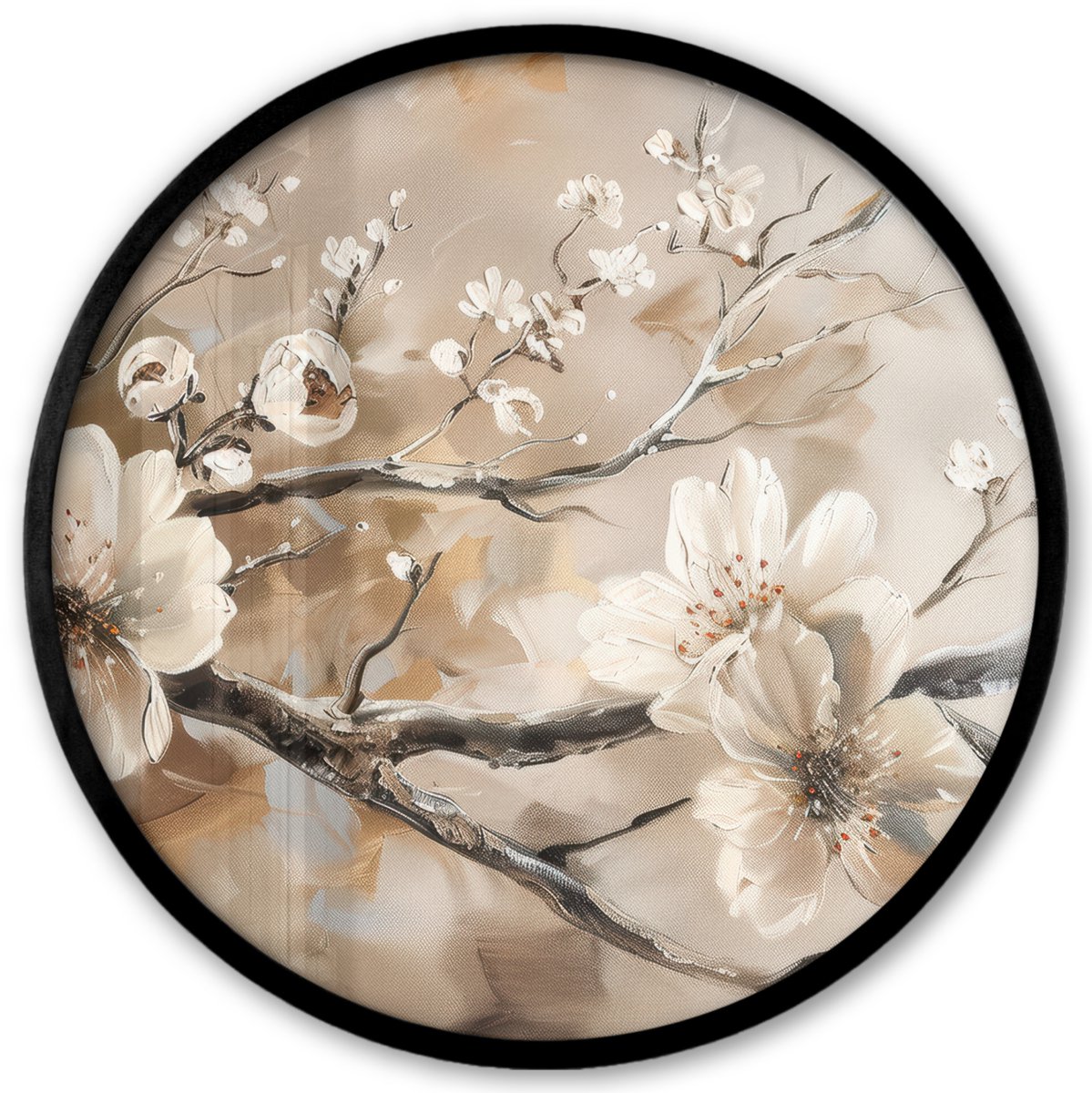FrameYourWall Poster in lijst Rond - Fotolijst 40x40 cm - Posters - Bloemen - Natuur - Wit - Bloesem - Abstract - Ronde posterlijst zwart - Decoratie - Wanddecoratie woonkamer - Muurdecoratie slaapkamer