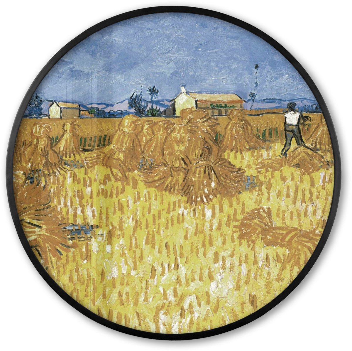FrameYourWall Poster in lijst Rond - Fotolijst 80x80 cm - Posters - Oogst in de Provence - Vincent van Gogh - Ronde posterlijst zwart - Decoratie - Wanddecoratie woonkamer - Muurdecoratie slaapkamer Multicolor