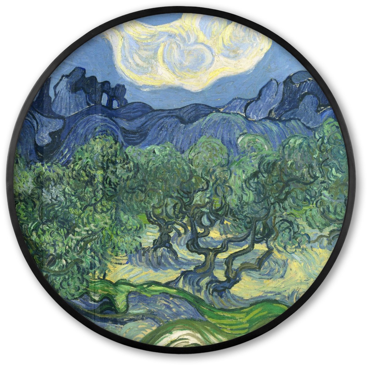 FrameYourWall Poster in lijst Rond - Fotolijst 60x60 cm - Posters - De olijfbomen - Vincent van Gogh - Ronde posterlijst zwart - Decoratie - Wanddecoratie woonkamer - Muurdecoratie slaapkamer Multicolor