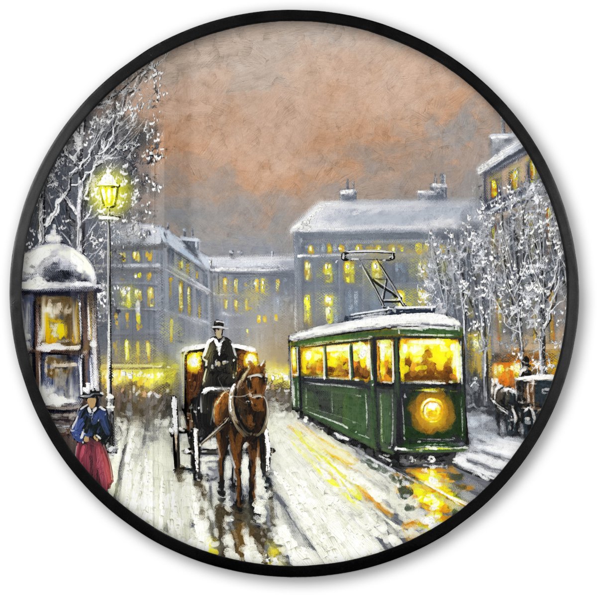 FrameYourWall Poster in lijst Rond - Fotolijst 80x80 cm - Posters - Schilderij - Olieverf - Winter - Tram - Paard - Ronde posterlijst zwart - Decoratie - Wanddecoratie woonkamer - Muurdecoratie slaapkamer Multicolor