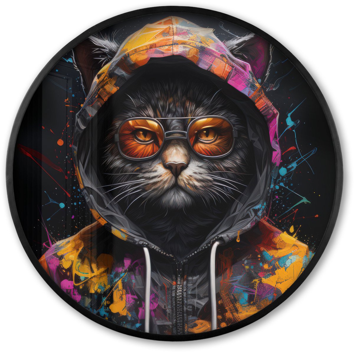 FrameYourWall Poster in lijst Rond - Fotolijst 60x60 cm - Posters - Kat - Jas - Graffiti - Bril - Zwart - Ronde posterlijst zwart - Decoratie - Wanddecoratie woonkamer - Muurdecoratie slaapkamer Graffiti - Kat