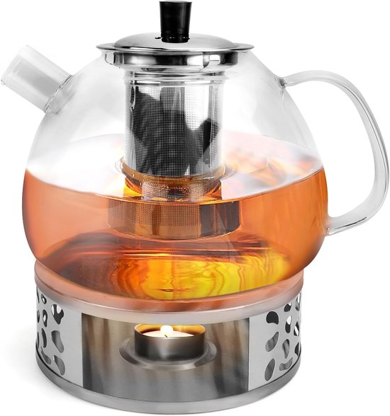 LiRiQi Theepot van glas met theezeef van roestvrij staal, hittebestendig, uitneembaar, 950 ml, theebereider, glazen kan met deksel, glazen theepot