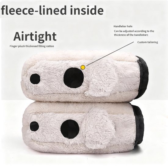 Twee witte, pluche, diervormige handmoffen met zwarte oren en ogen, voor het fietsstuur.