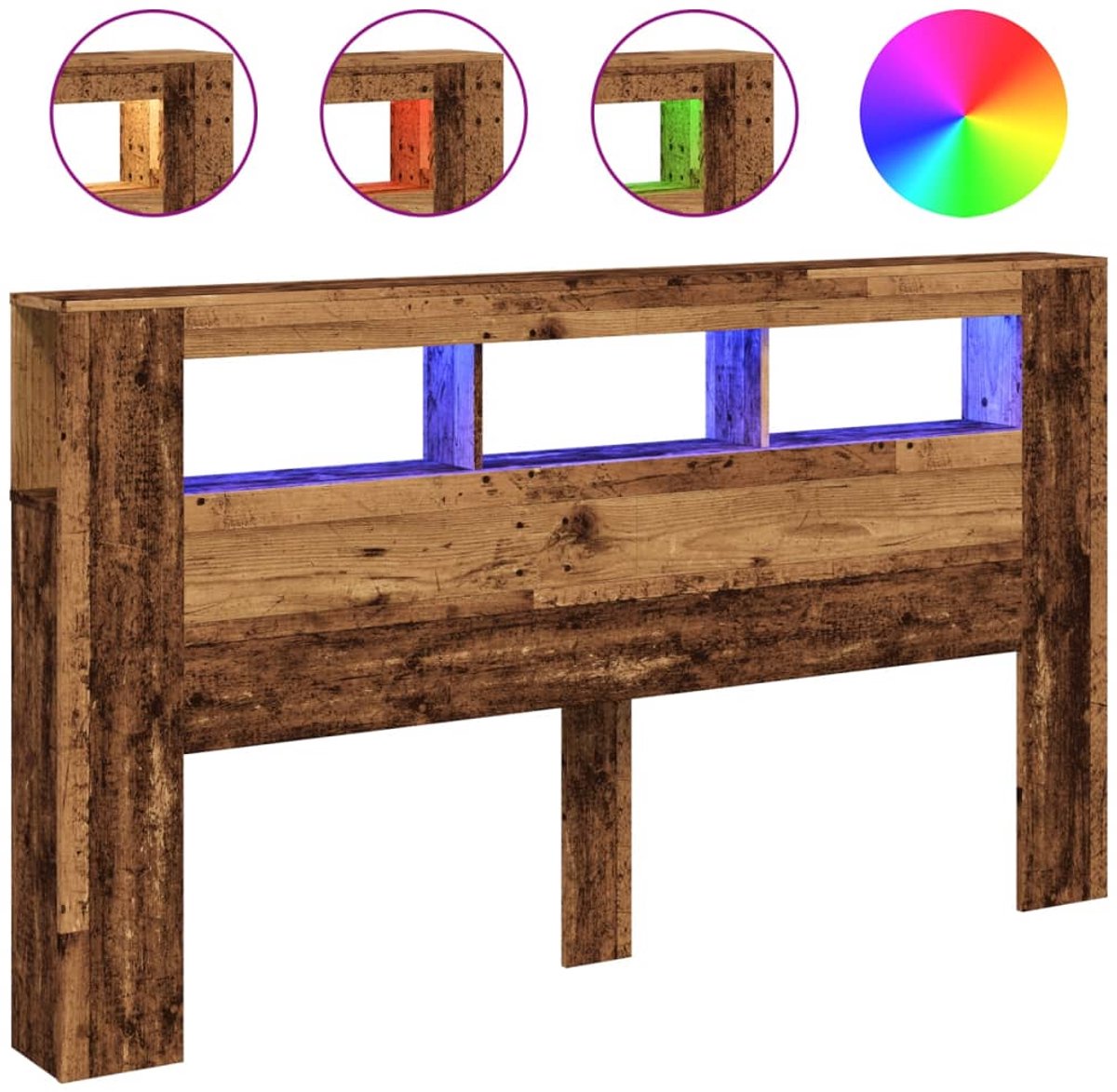 vidaXL - Hoofdeinde - met - LED - 180x18,5x103,5 - cm - bewerkt - hout - oud - hout