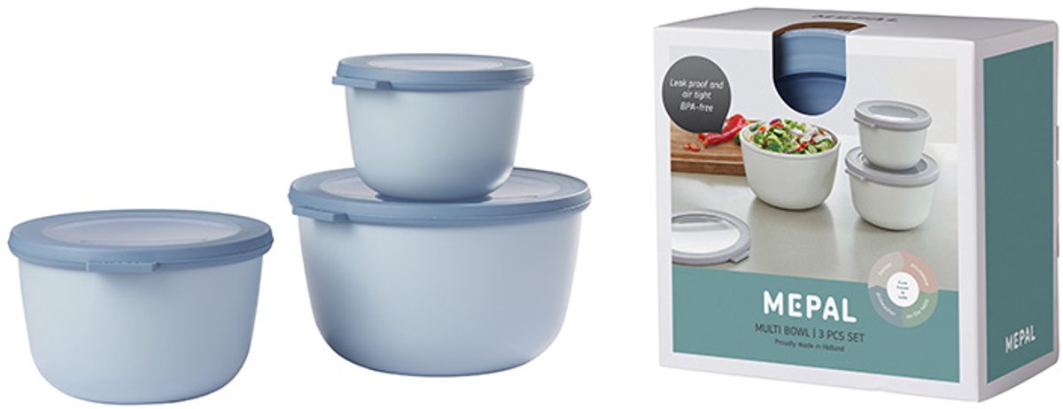 Mepal - Multikom Cirqula 3-delige set (500 + 1000 + 2000 ml) - Mag in de vriezer, magnetron en vaatwasser – Nordic blue – Meal prep bakjes - Bewaardozen met deksel