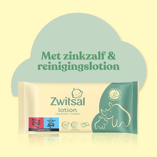 Zwitsal babydoekjes met zinkzalf & reinigingslotion, met een neushoorn met jong.