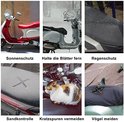 Collage van beschermende eigenschappen: zonwering, bladvrij, regenbescherming, zandcontrole, voorkomt krassen, vogelwering.