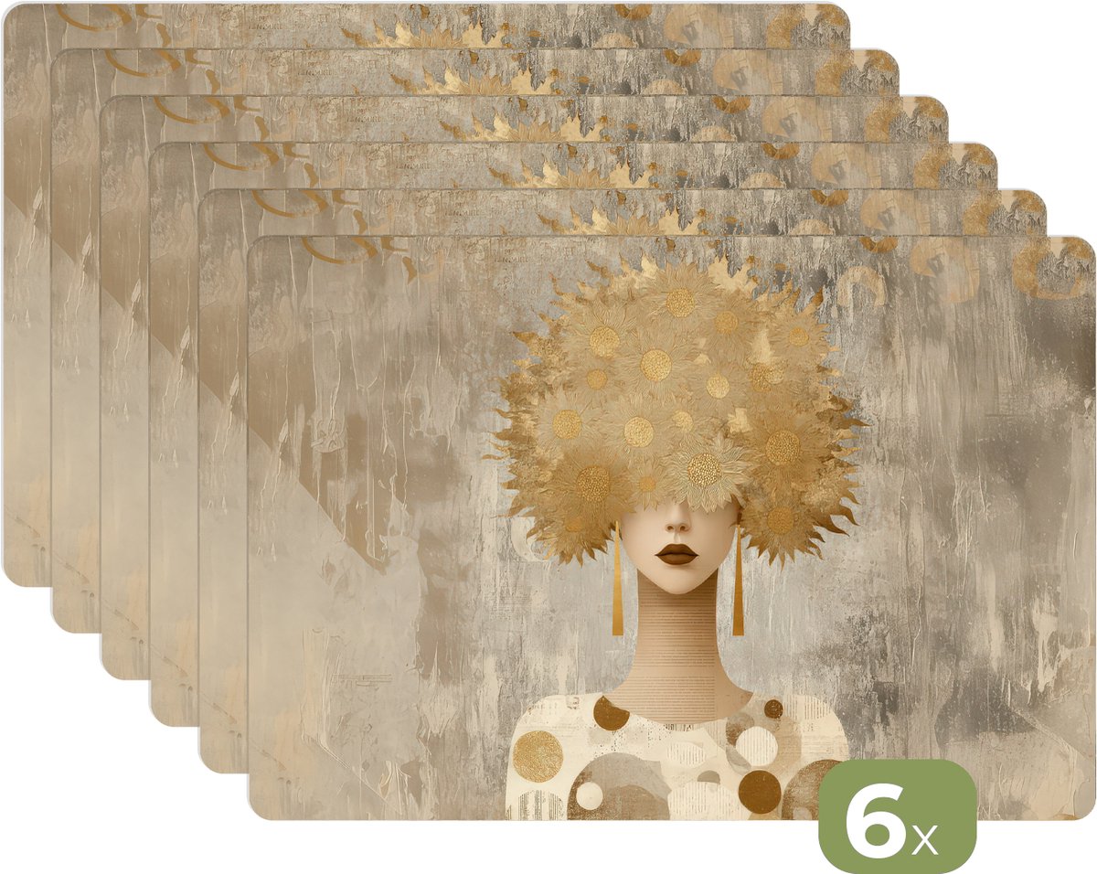 Placemats - 6 stuks - 45x30 cm - Placemat kunststof - Goud - Portret - Vrouw - Borden onderleggers - Decoratie voor op tafel - Keuken tafeldecoratie accessoires - Vinyl onderlegger - Tafelversiering