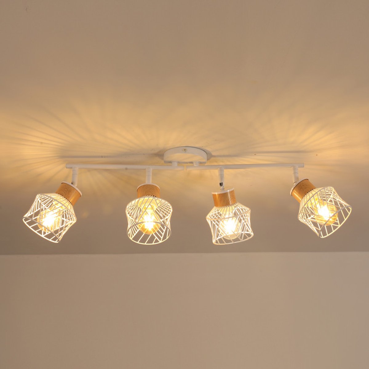 Haobosic IJzeren Vogelkooi - Plafondlamp - Wit + Hout - 73x12x24cm - E27 Verstelbare Fitti