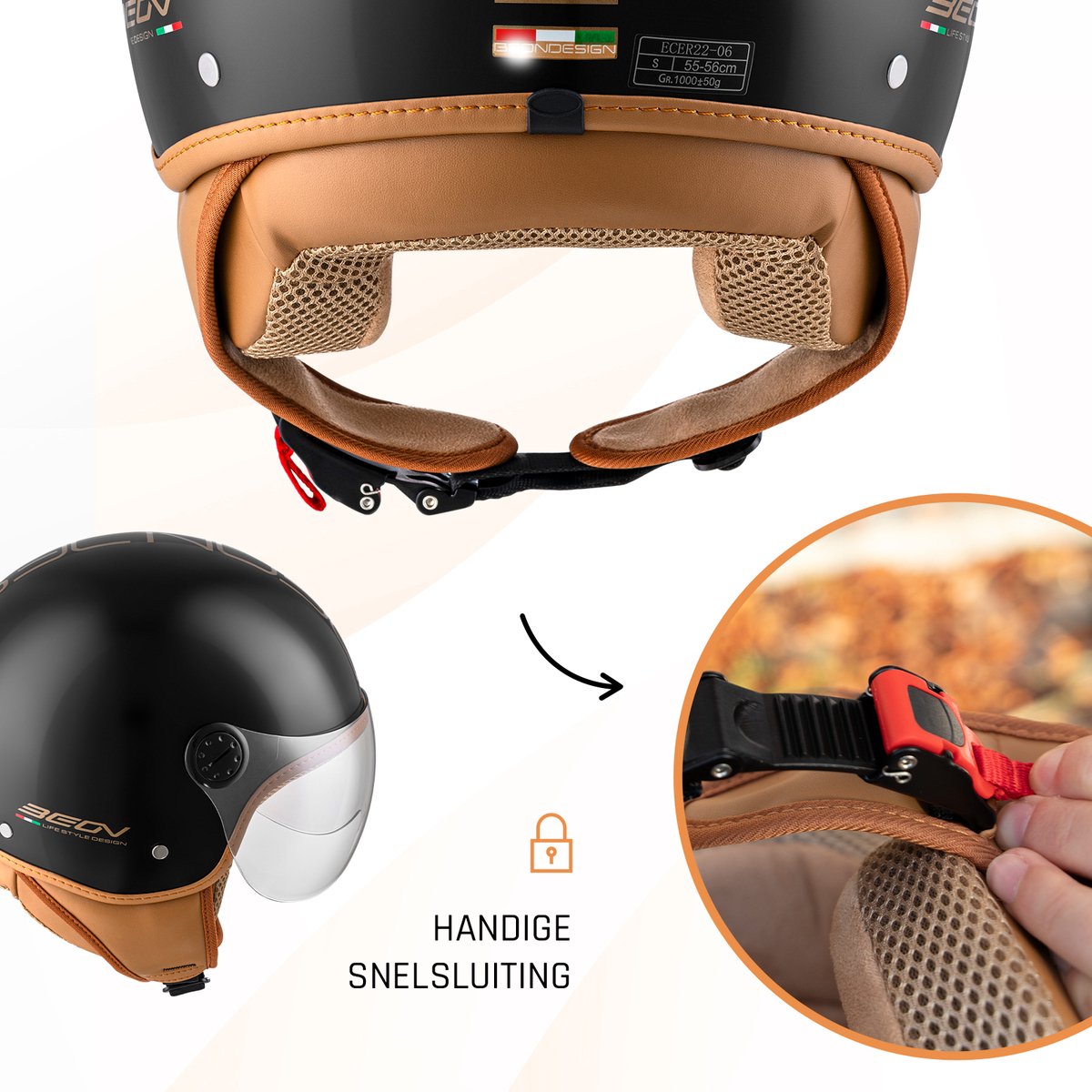 BEON Design Luxe Scooterhelm - Zwart - L - Jethelm met Vizier - Motorhelm - Geschikt voor Vespa, Scooter, Brommer, Motor en Snorfiets – foto 4