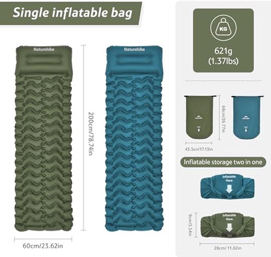 Ultralichte opblaasbare slaapmat voor backpacken en kamperen - compacte en vochtbestendige enkele slaapmat van Merkloos — afbeelding 3