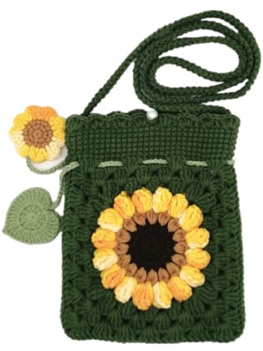 Handgemaakte gehaakte telefoon tas met zonnebloem design in 3 kleuren