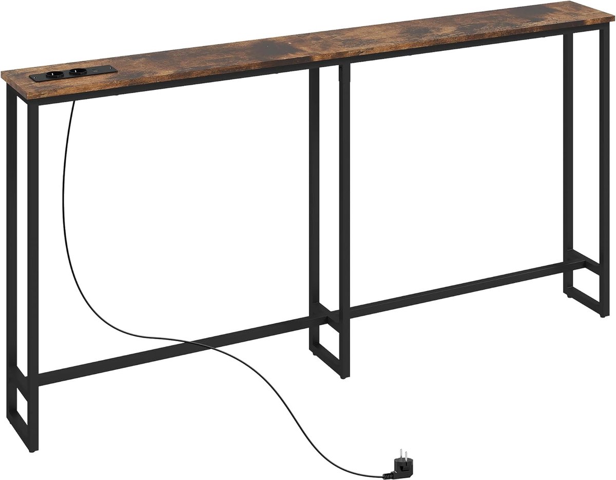 Imperatoris - Smalle Consoletafel met Stopcontacten en USB - Salontafel - Entreetafel - Haltafel - Sidetable - Wandtafel - Console Tafel - Dressoirtafel - Sidetafel - Gangtafel - Banktafel - Bijzettafel - Industrieel - 160 x 20 x 80 cm - Bruin