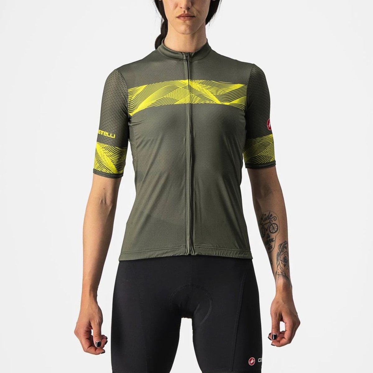 Castelli Fietsshirt Korte Mouwen Dames Groen Geel - FENICE JERSEY MILITARY GREEN SULPHUR-S