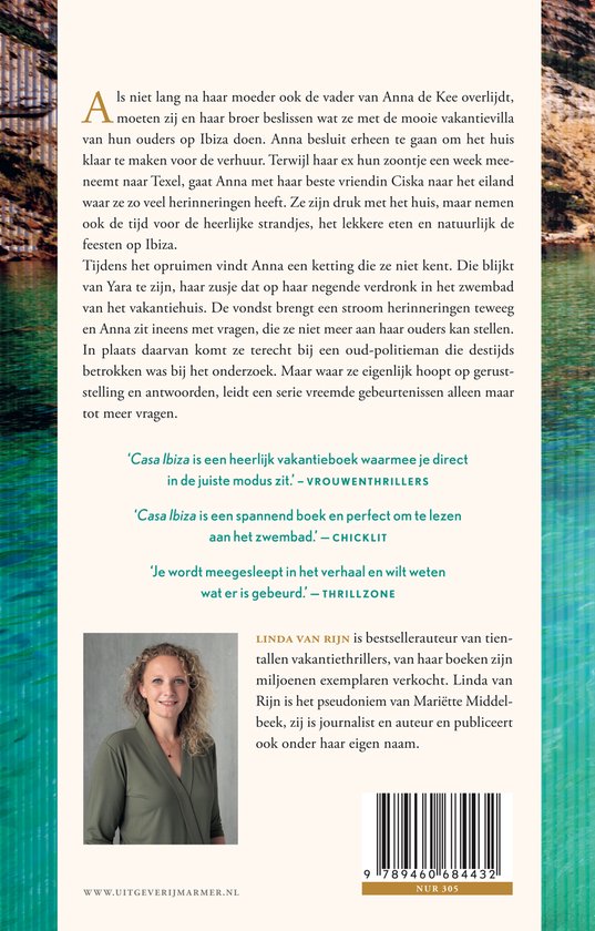 Boek met foto van schrijfster Linda van Rijn, met tekst en recensies.