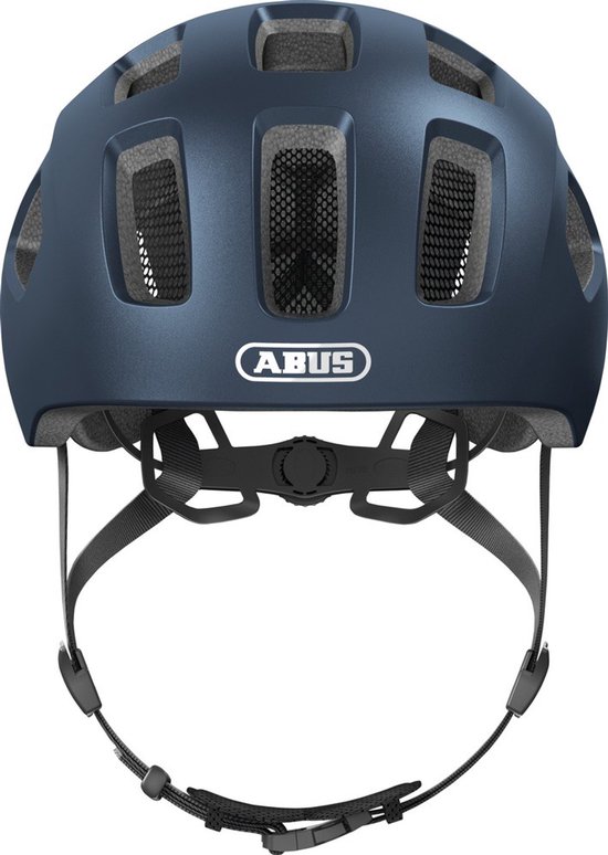 Voorzijde van een donkerblauwe ABUS fietshelm met witte ABUS logo, grijze bandjes en ventilatiegaten.