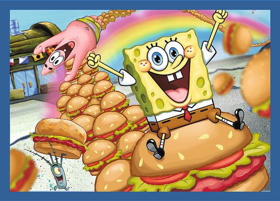 SpongeBob zit bovenop een hamburger met Patrick, en een regenboog in de lucht.