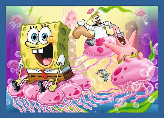 SpongeBob, Patrick en Sandy rijden op kwallen in een bubbelige omgeving.