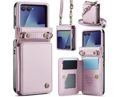 CaseMe Geschikt voor Samsung Galaxy Z Flip 7 PU Leren Backcover hoesje met kaarthouder - Lichtroze