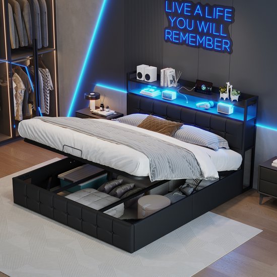 Tweepersoonsbed 160x200 cm met LED, USB & Opbergruimte – Zwart PU