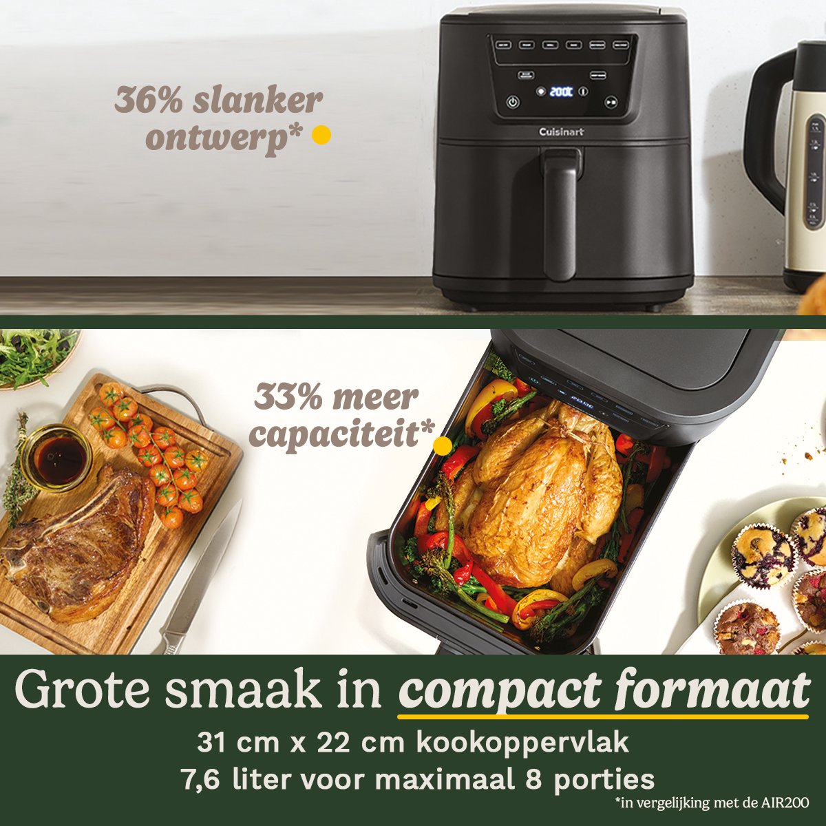 Afbeelding 3 van Cuisinart - Compact Max AFS80BL Airfryer - Heteluchtfriteuse XXL 7,6 L 2000W - Tot 8 porties - 7 programma's - PFAS-vrij keramisch - Zwart