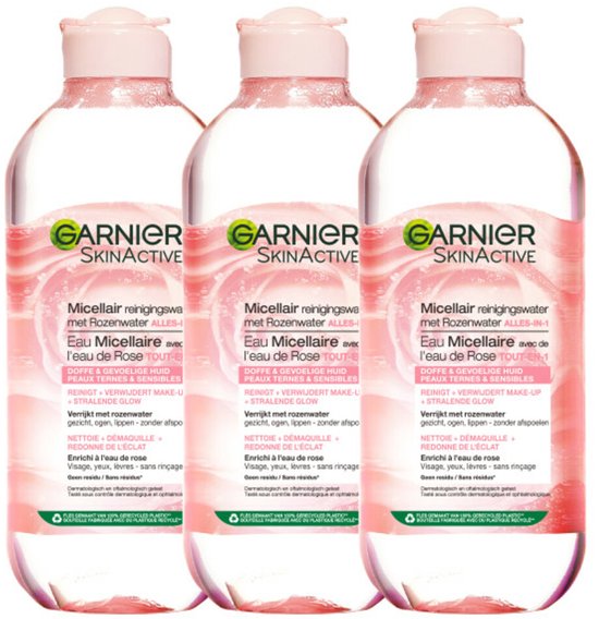 Garnier SkinActive Micellair Reinigingswater Met Rozenwater - 3 x 400 ml - Micellair Water voor een Stralende Huid - Voordeelverpakking