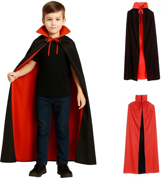 Joya Kids® | Verkleedcape Dracula stijl | Zwart/Rood | Cape Verkleed Kinderen | Halloween Cape Kind | Vampier Cape | Duivel Cape | Verkleed Kostuum Meisje en Jongen | Reversible | Kostuum Accessoire | 90 cm