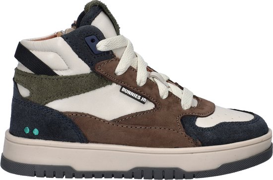 Baskets en cuir marron, beige et bleu marine avec fermeture éclair et lacets. "Bunnies JR" sur le côté.