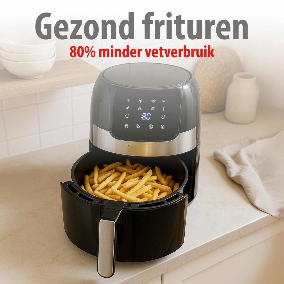 Afbeelding 3 van alpina Airfryer 4.5L- Heteluchtfriteuse voor 2 tot 4 Personen - Air Fryer met Instelbare Temperatuur van 80°C tot 200°C - Timer tot 60 Minuten - Hetelucht Friteuse 1400W - Zwart