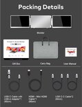 Inhoud van de verpakking: monitor, gift box, carry bag, user manual, USB-C kabel, HDMI-Mini HDMI kabel.