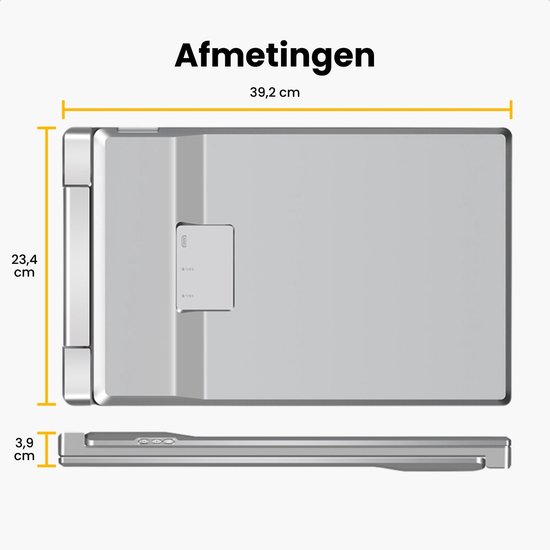 Afmetingen van de draagbare monitor: 39,2 cm breed, 23,4 cm hoog en 3,9 cm dik.