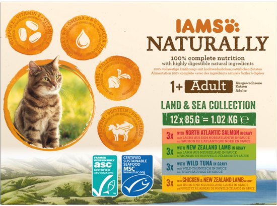IAMS Naturally Kat Adult Land - Sea Collection - 2 x 12 x 85 gr - Voordeelverpakking