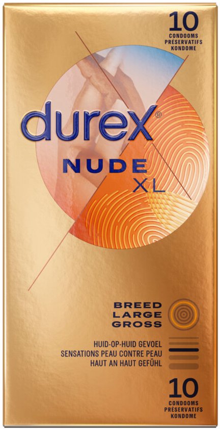 Durex Nude XL condoomverpakking met text op de voorkant, 10 stuks.