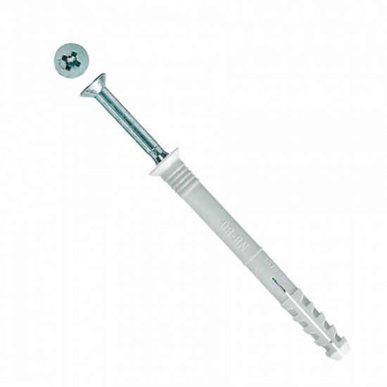Witte slagplug met verzonken kop en metalen schroef, met de tekst N8x80.