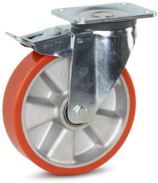 Zwenkwiel met oranje rubberen loopvlak, aluminium velg en metalen remhendel. De montageplaat is van metaal.