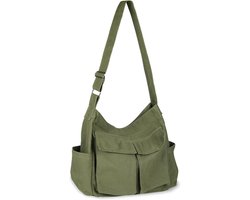 Schoudertas -Tas- Bag Gemaakt van Linnen Stof Met Grote Capaciteit - Canvas Messenger Bag Vintage - Crossbody Tas Met Meerdere Zakken Voor Mannen En Vrouwen Werk School Shopper Casual Dagelijks - Groente