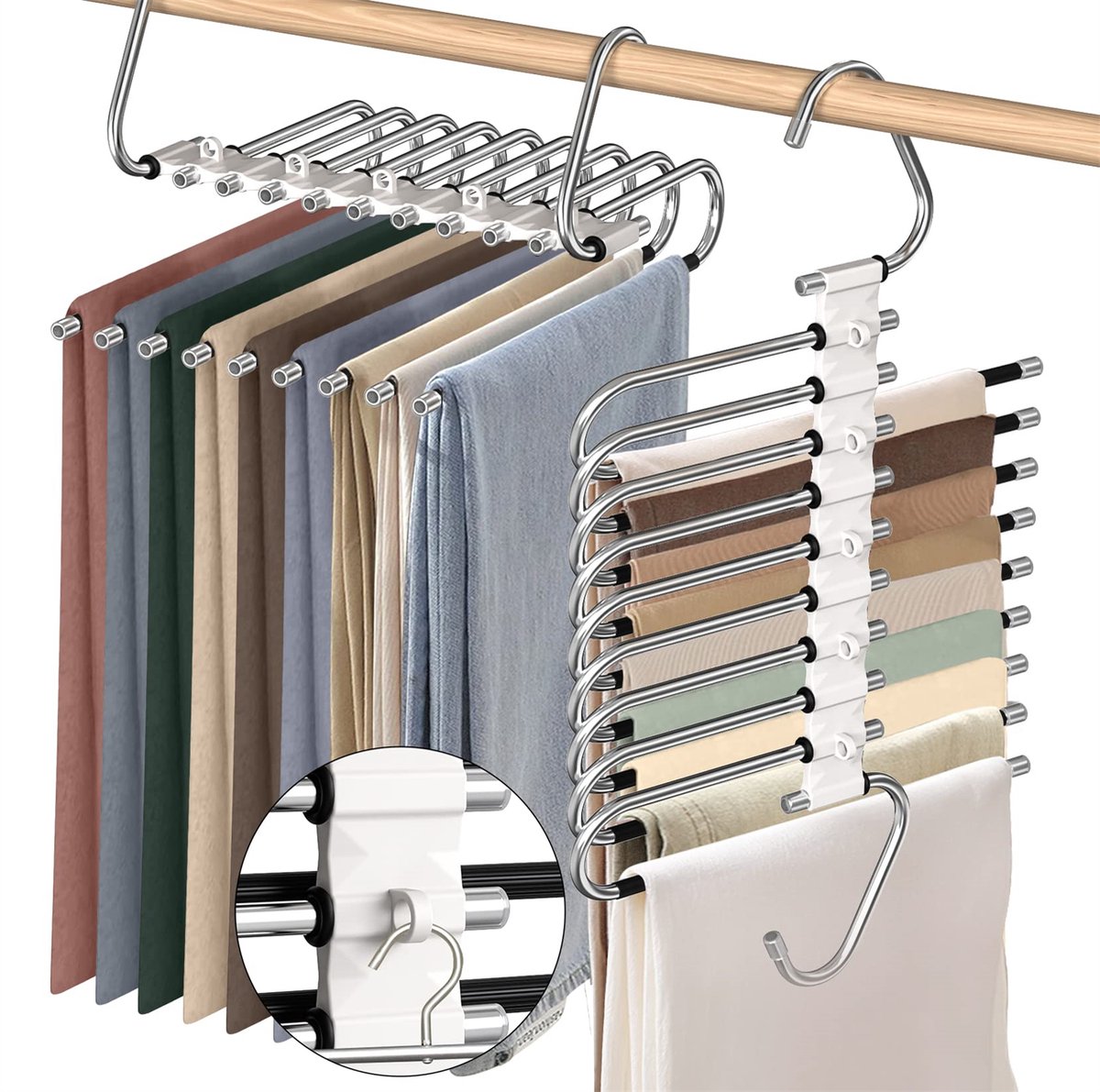 Ynkkvre-Upgrade 9-Lagen Broekenhangers – Set van 2 RVS Ruimtebesparende Broekhangers – Antislip S-vorm Kledinghangers met Haken – Multifunctionele Organizer voor Broeken, Jeans, Sjaals en Rokken