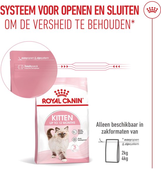 Een zak Royal Canin Kitten voer met een kitten erop. De zak heeft een 'easy open & zipsystem' sluiting. Twee zakformaten van 2kg en 4kg worden getoond.