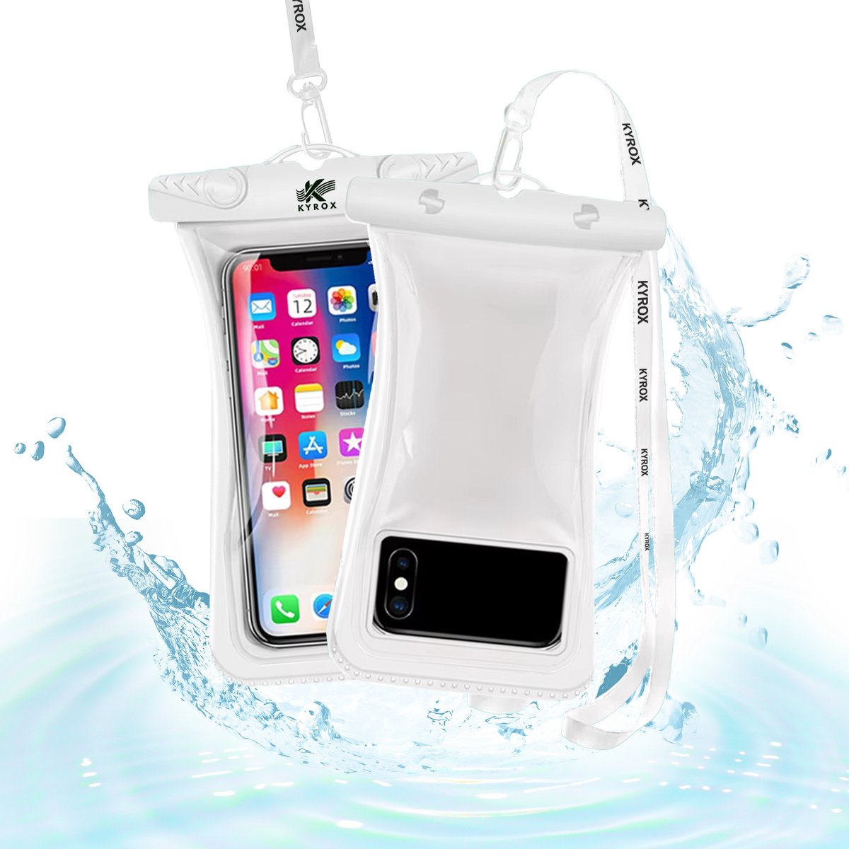 Kyrox Waterdicht Telefoonhoesje – Onderwater Hoesje Telefoon – Waterbestendige Telefoonhoes – Drijvend – Universeel voor Alle Smartphones – Gevoelig Touchscreen – met Verstelbare Band – Tot 7 Inch – Waterdichte Telefoonhoesje – Wit