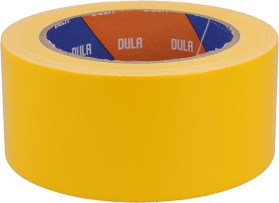 Gele DULA duct tape rol met blauwe en oranje binnenkant met DULA-logo's.