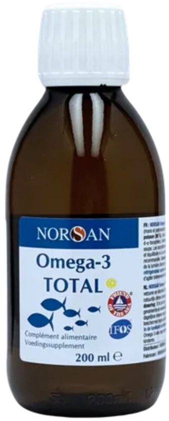 NORSAN Omega-3 TOTAL visolie voedingssupplement, 200 ml flesje met blauw etiket en witte dop.