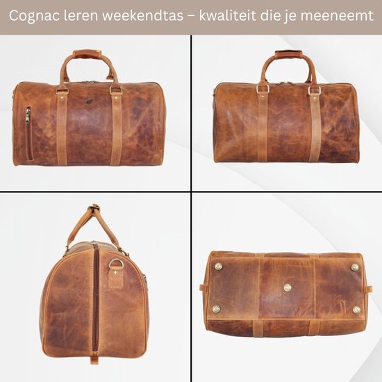 Vier weergaven van een cognac leren weekendtas: voorkant, zijkant, achterkant en onderkant met nopjes.