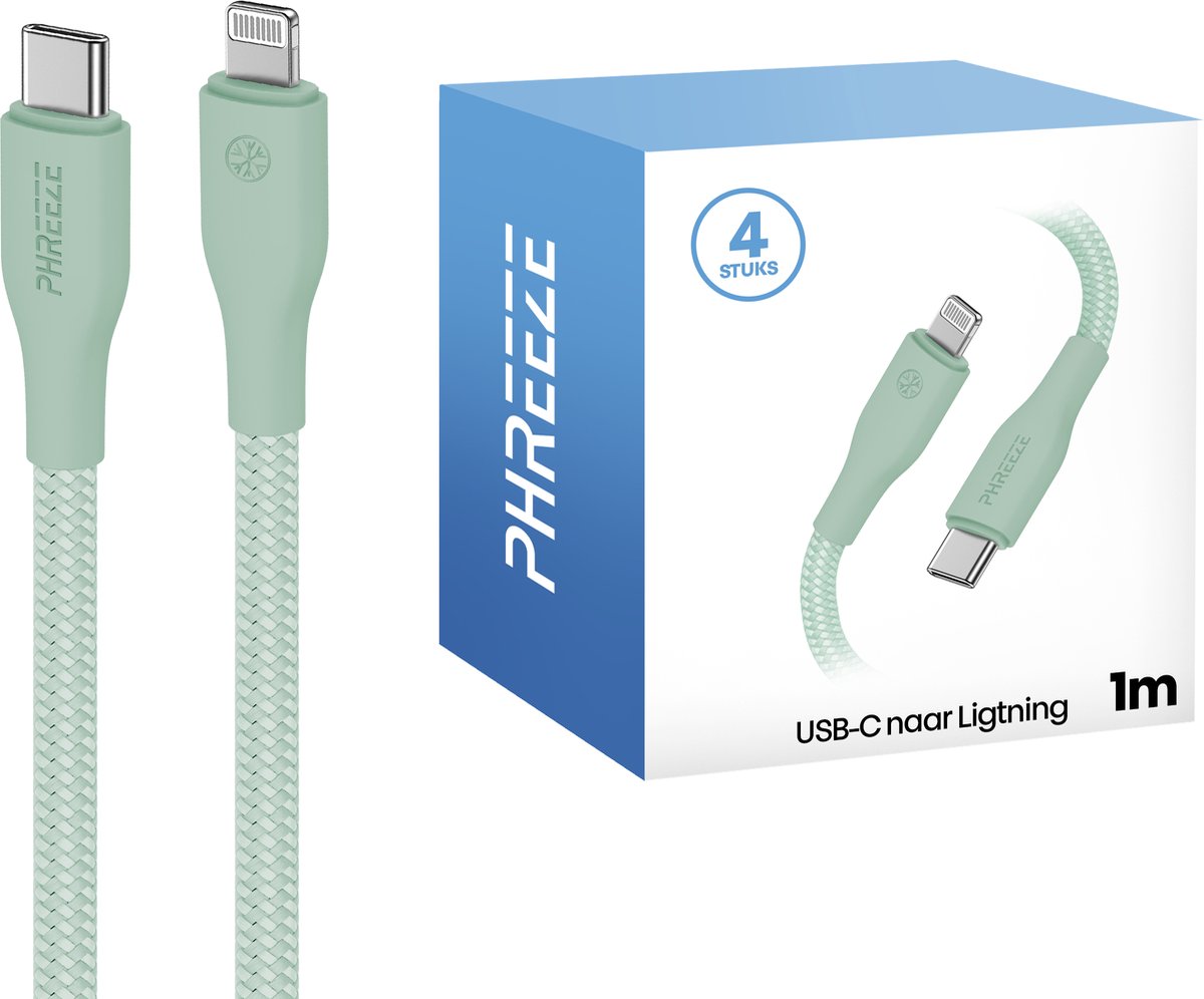 Oplader geschikt voor iPhone kabel groen - 4 pack - 1 meter - Oplaadkabel - Phreeze