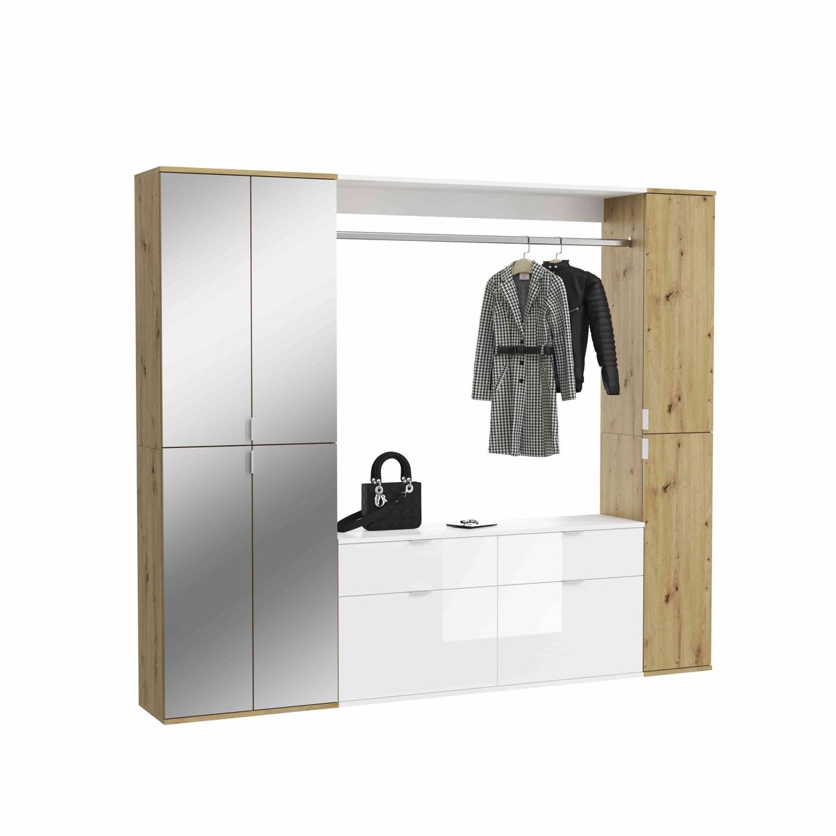 Furnilux ProjektX garderobe-opstelling eiken decor, spiegel - 212cm x 193cm x 34cm Eiken decor, wit