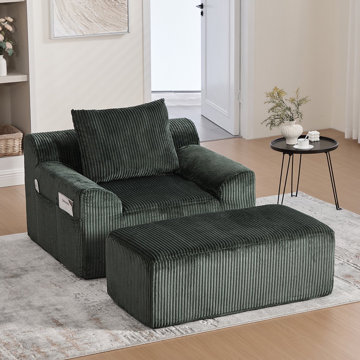 BLACKCOLORS - Extra grote fauteuil - met beugels - leesfauteuil van corduroy - met zijvakken - met kussens - diepe zitting - moderne gestoffeerde fauteuil - zachte fauteuil zonder frame - geen montage nodig - Geei